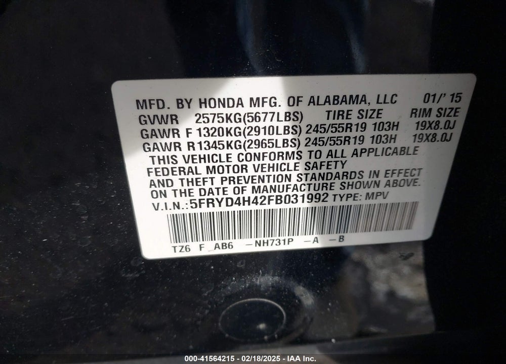 2015 ACURA MDX VIN: 5FRYD4H42FB031992