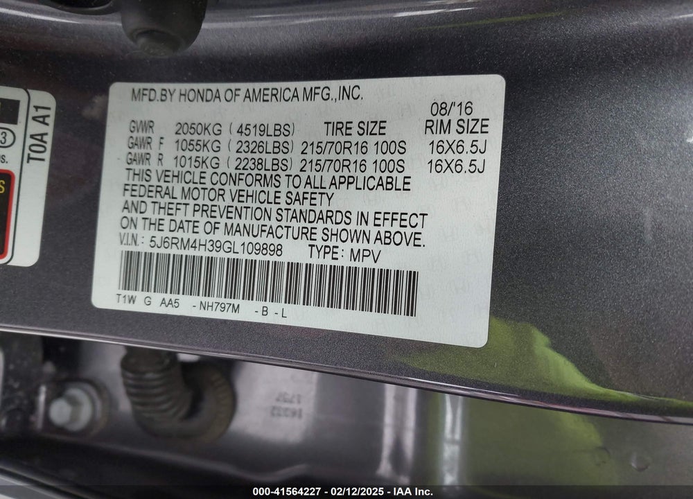 2016 HONDA CR-V LX VIN: 5J6RM4H39GL109898