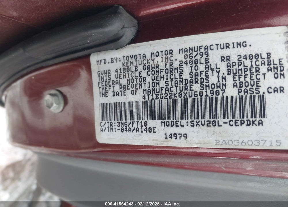 1999 TOYOTA CAMRY VIN: 4T1BG22K0XU601907