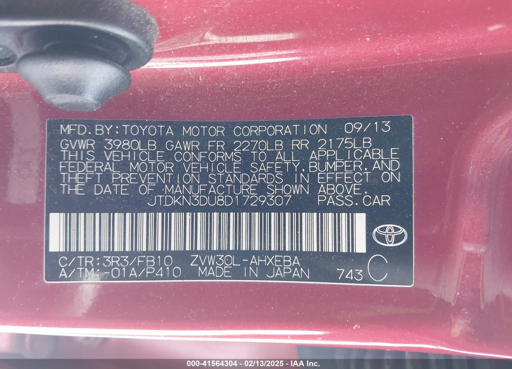 2013 TOYOTA PRIUS VIN: JTDKN3DU8D1729307