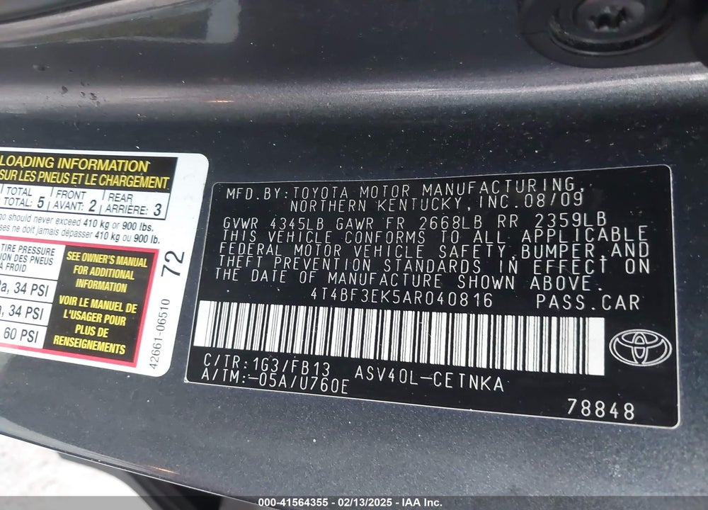 2010 TOYOTA CAMRY VIN: 4T4BF3EK5AR040816
