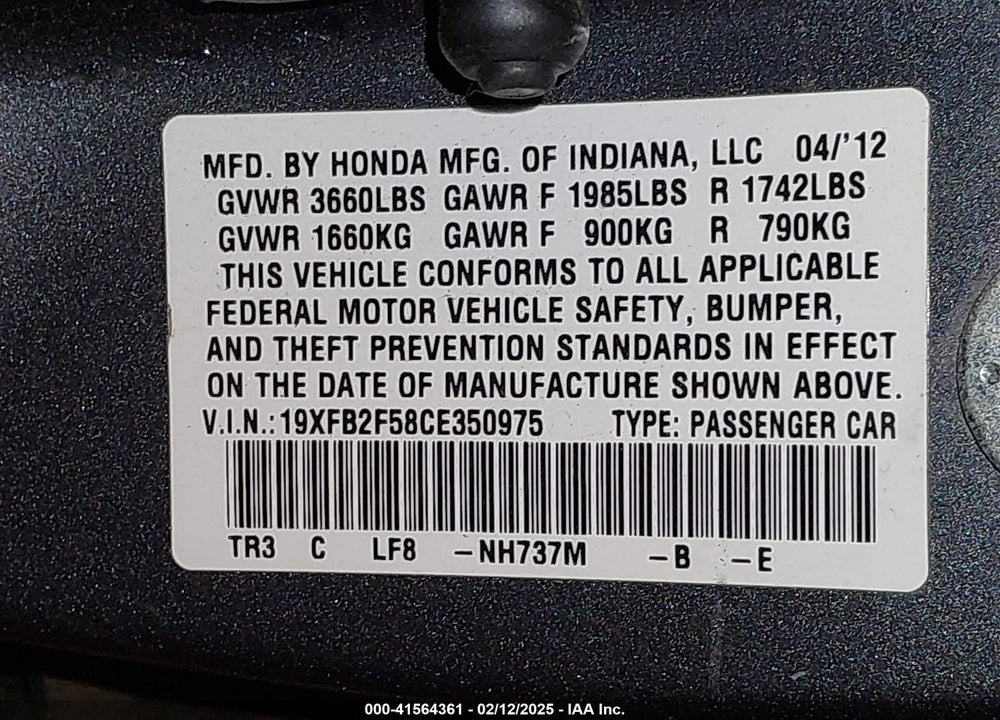 2012 HONDA CIVIC VIN: 19XFB2F58CE350975