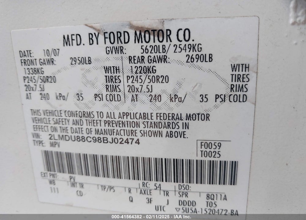 2008 LINCOLN MKX VIN: 2LMDU88C98BJ02474