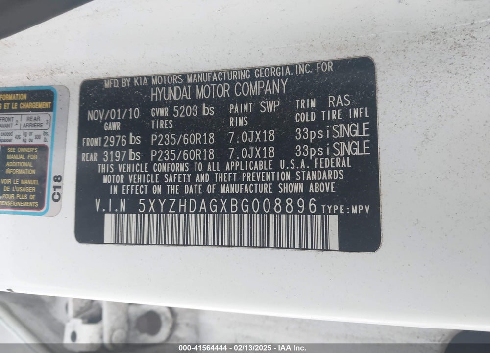 2011 HYUNDAI SANTA FE SE VIN: 5XYZHDAGXBG008896