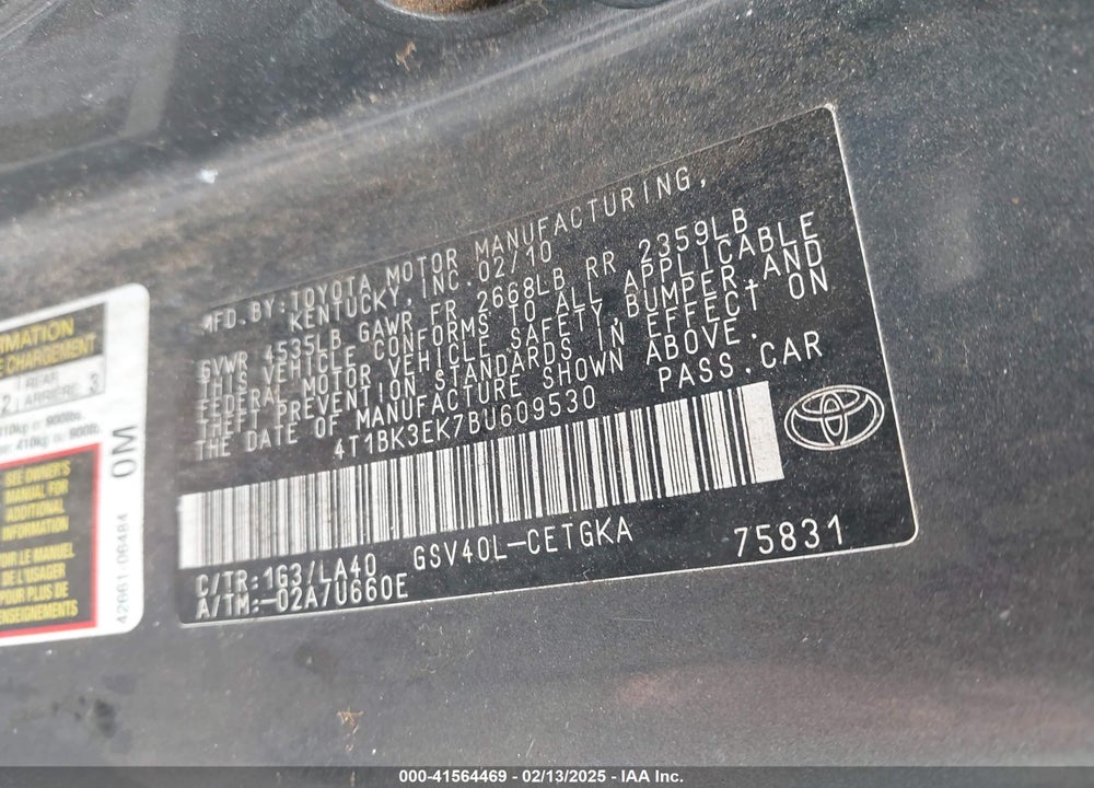 2011 TOYOTA CAMRY XLE V6 VIN: 4T1BK3EK7BU609530