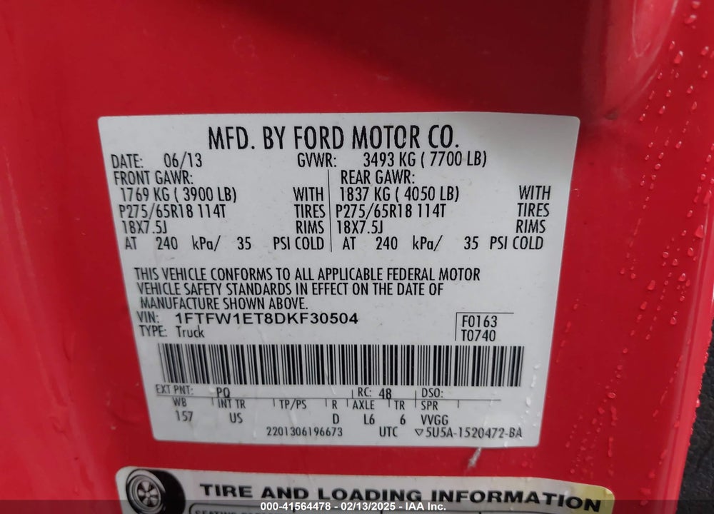2013 FORD F-150 VIN: 1FTFW1ET8DKF30504