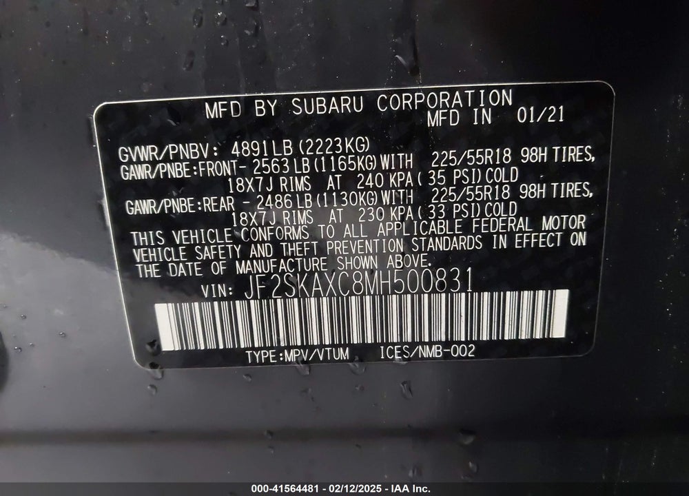 2021 SUBARU FORESTER TOURING VIN: JF2SKAXC8MH500831