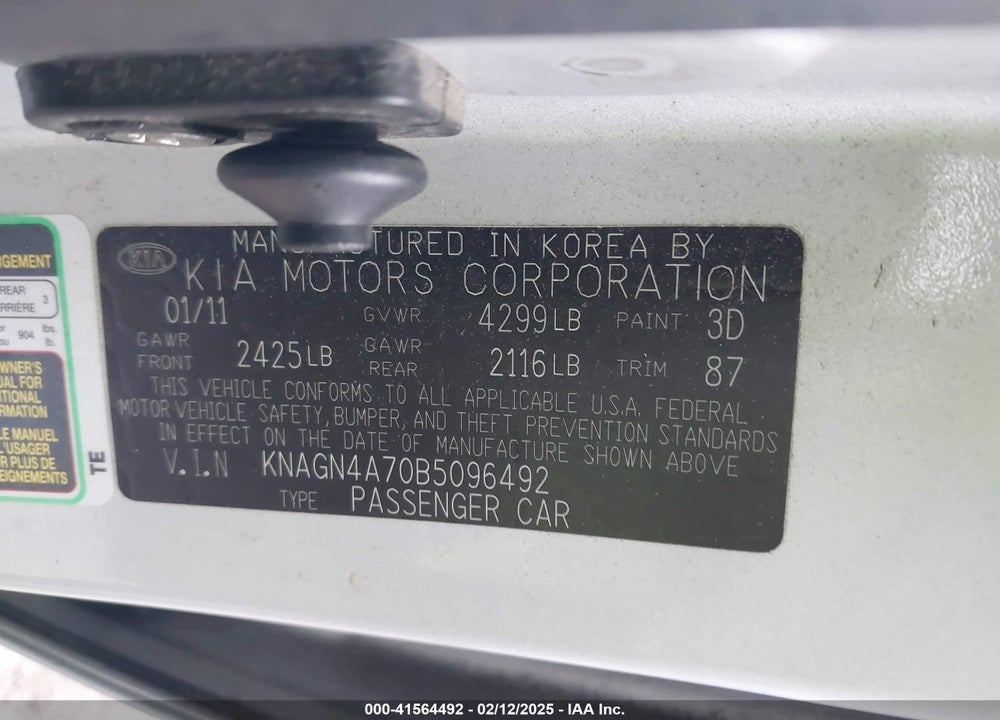2011 KIA OPTIMA VIN: KNAGN4A70B5096492