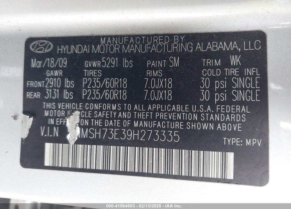 2009 HYUNDAI SANTA FE VIN: 5NMSH73E39H273335