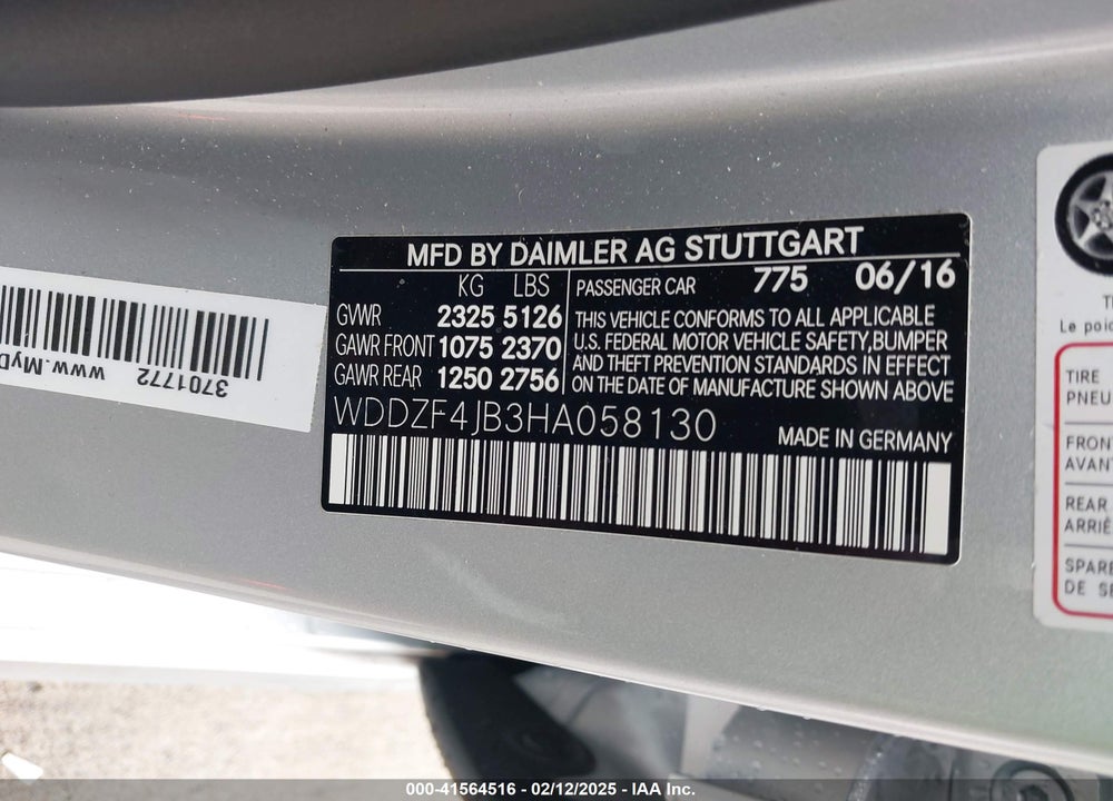 2017 MERCEDES-BENZ E VIN: WDDZF4JB3HA058130