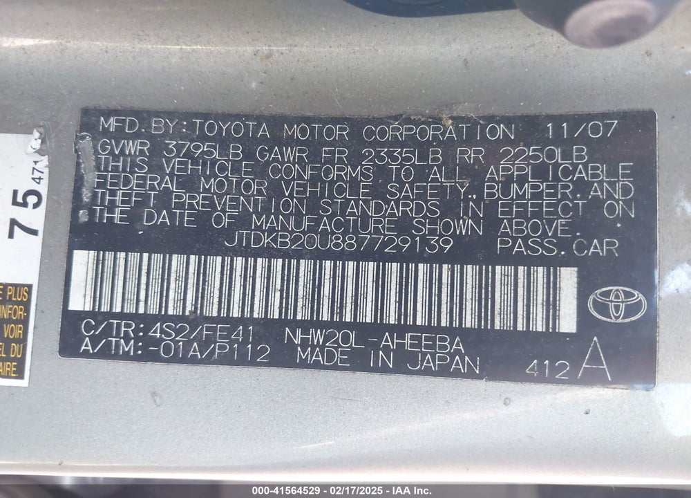 2008 TOYOTA PRIUS VIN: JTDKB20U887729139