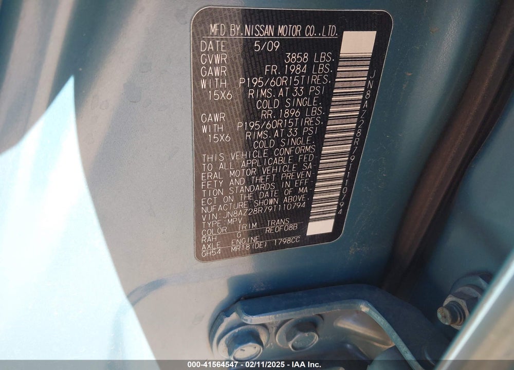 2009 NISSAN CUBE 1.8S VIN: JN8AZ28R79T110794