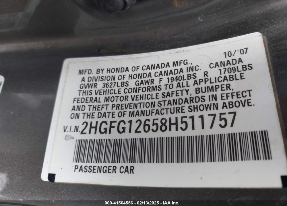 2008 HONDA CIVIC VIN: 2HGFG12658H511757