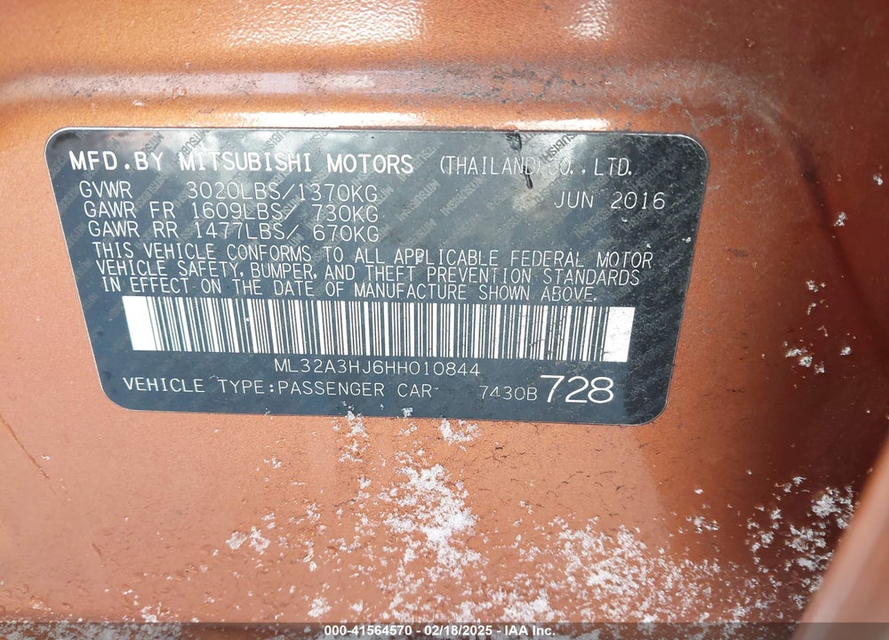 2017 MITSUBISHI MIRAGE VIN: ML32A3HJ6HH010844