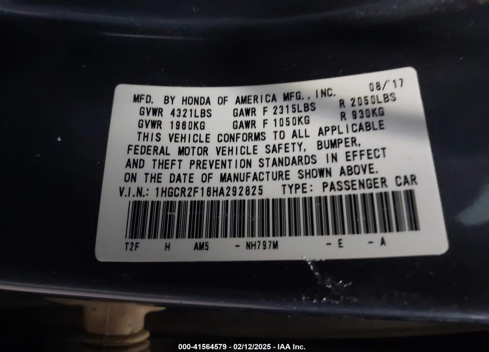 2017 HONDA ACCORD VIN: 1HGCR2F16HA292825