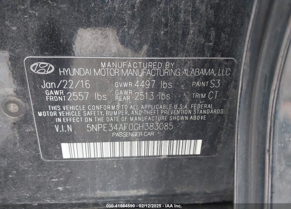 2016 HYUNDAI SONATA VIN: 5NPE34AF0GH383085