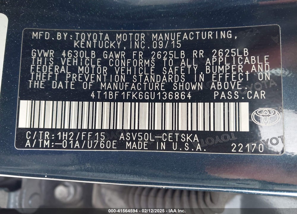 2016 TOYOTA CAMRY VIN: 4T1BF1FK6GU136864