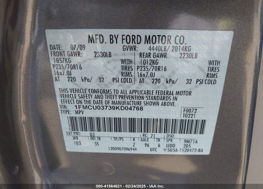 2009 FORD ESCAPE XLT VIN: 1FMCU03739KD04768