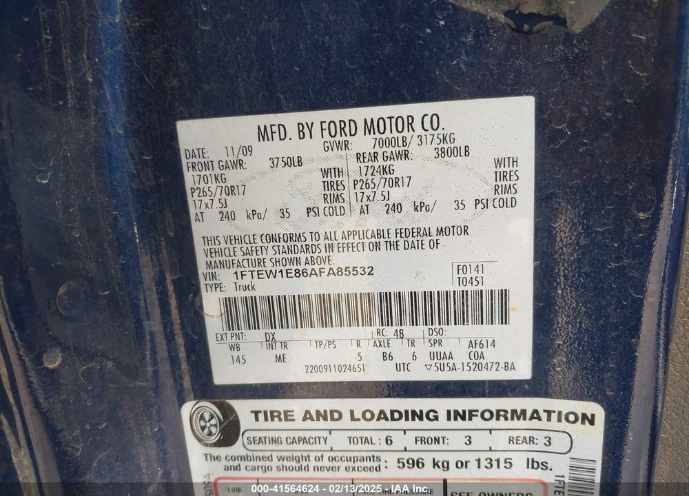 2010 FORD F-150 VIN: 1FTEW1E86AFA85532