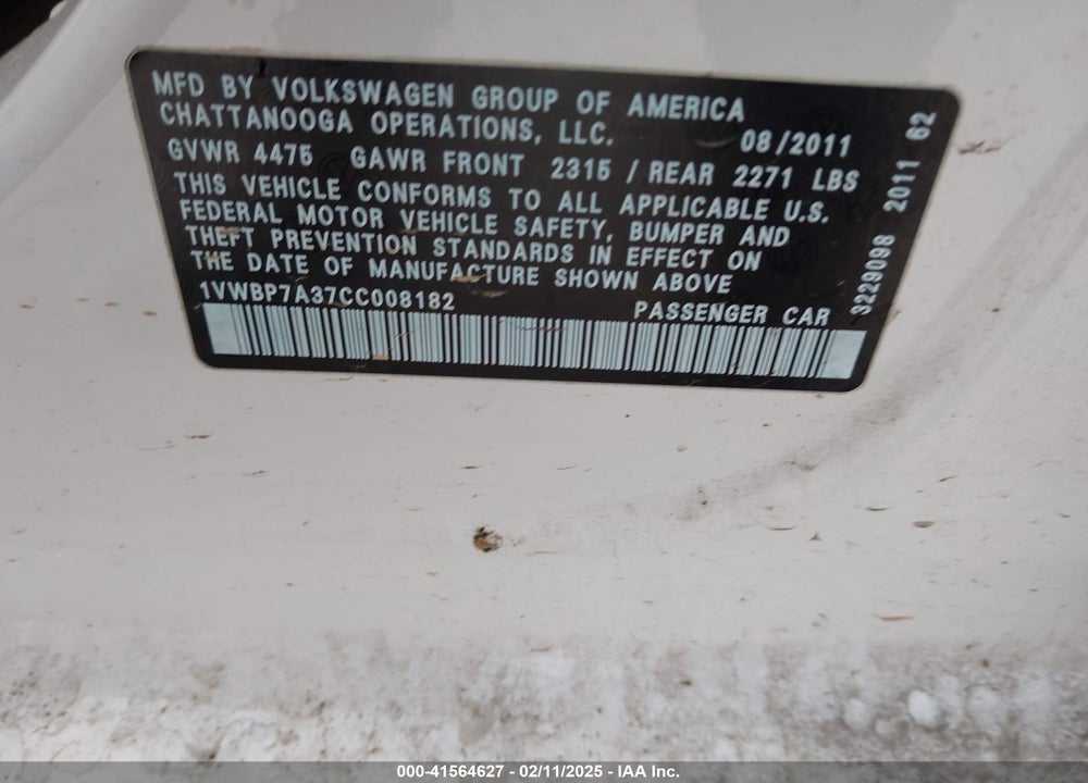 2012 VOLKSWAGEN PASSAT VIN: 1VWBP7A37CC008182