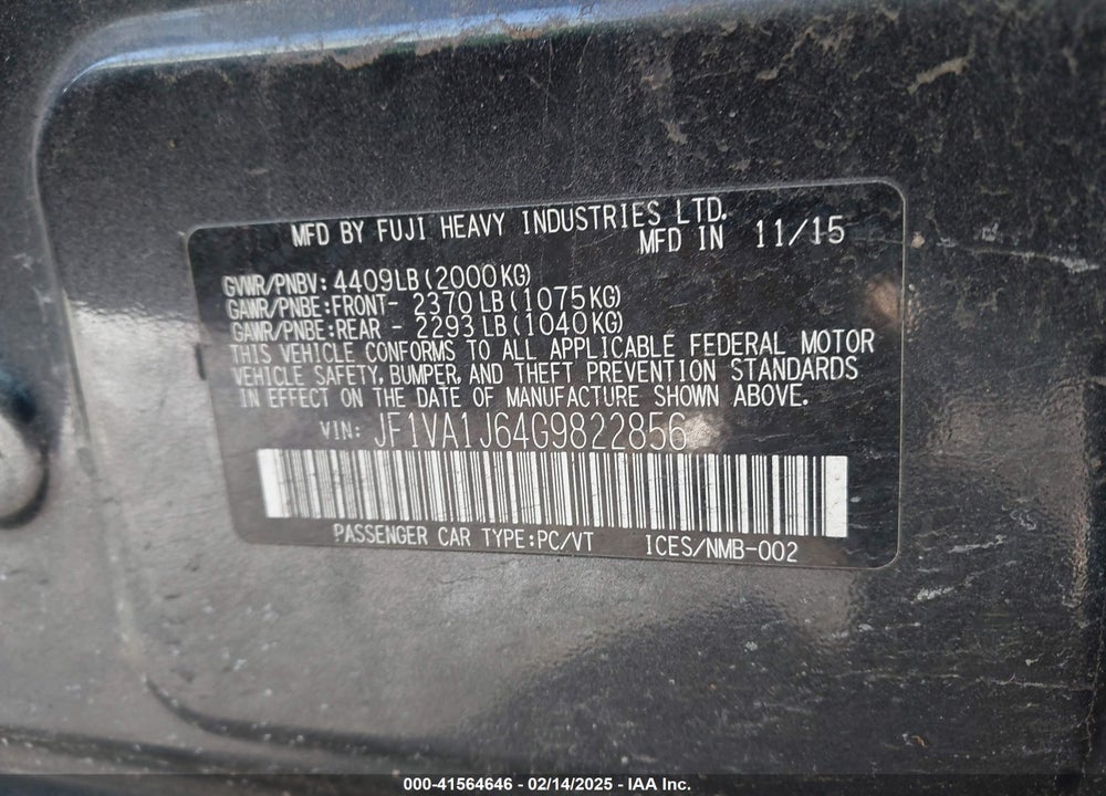 2016 SUBARU WRX VIN: JF1VA1J64G9822856