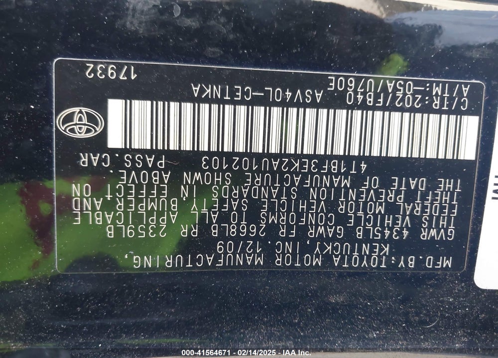 2010 TOYOTA CAMRY VIN: 4T1BF3EK2AU102103