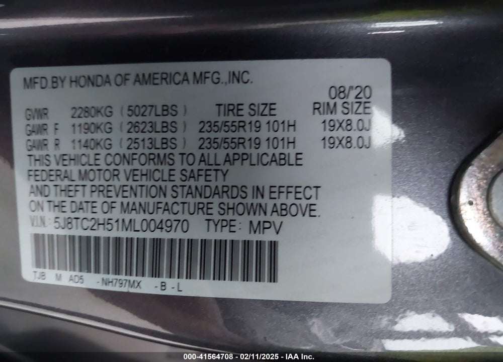 2021 ACURA RDX TECHNOLOGY PACKAGE VIN: 5J8TC2H51ML004970