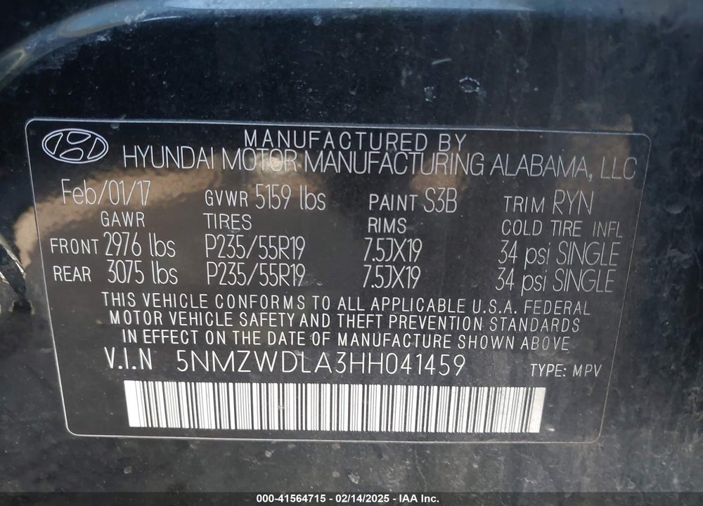 2017 HYUNDAI SANTA FE SPORT VIN: 5NMZWDLA3HH041459