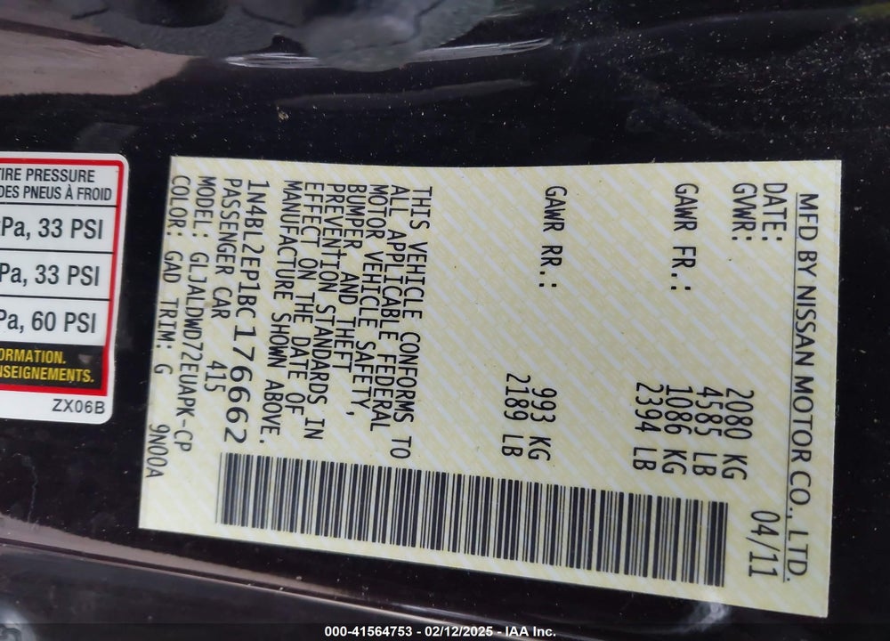 2011 NISSAN ALTIMA VIN: 1N4BL2EP1BC176662