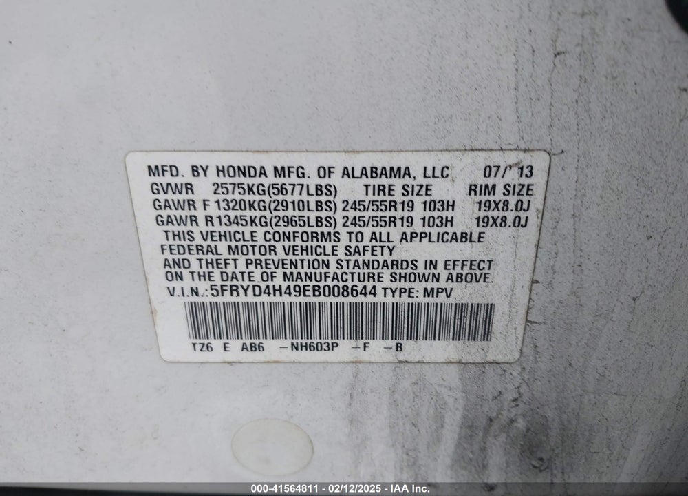 2014 ACURA MDX TECHNOLOGY PACKAGE VIN: 5FRYD4H49EB008644