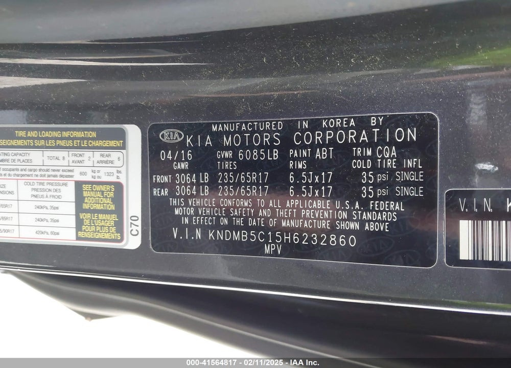 2017 KIA SEDONA LX VIN: KNDMB5C15H6232860