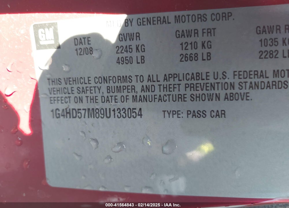 2009 BUICK LUCERNE CXL VIN: 1G4HD57M89U133054