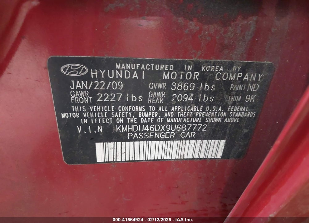 2009 HYUNDAI ELANTRA GLS VIN: KMHDU46DX9U687772