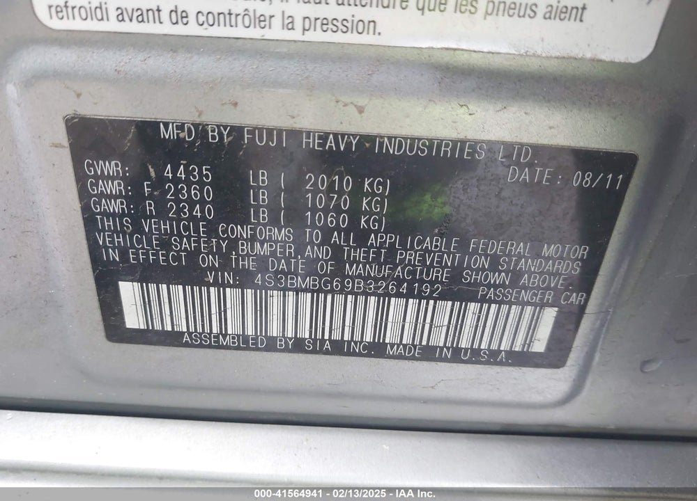 2011 SUBARU LEGACY VIN: 4S3BMBG69B3264192