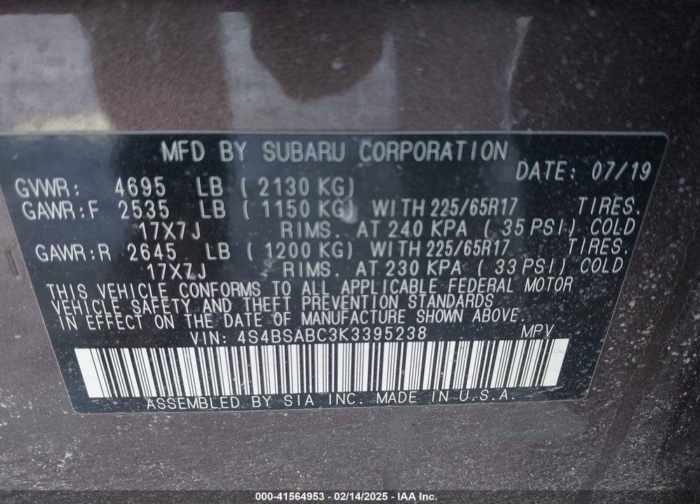 2019 SUBARU OUTBACK 2.5I VIN: 4S4BSABC3K3395238