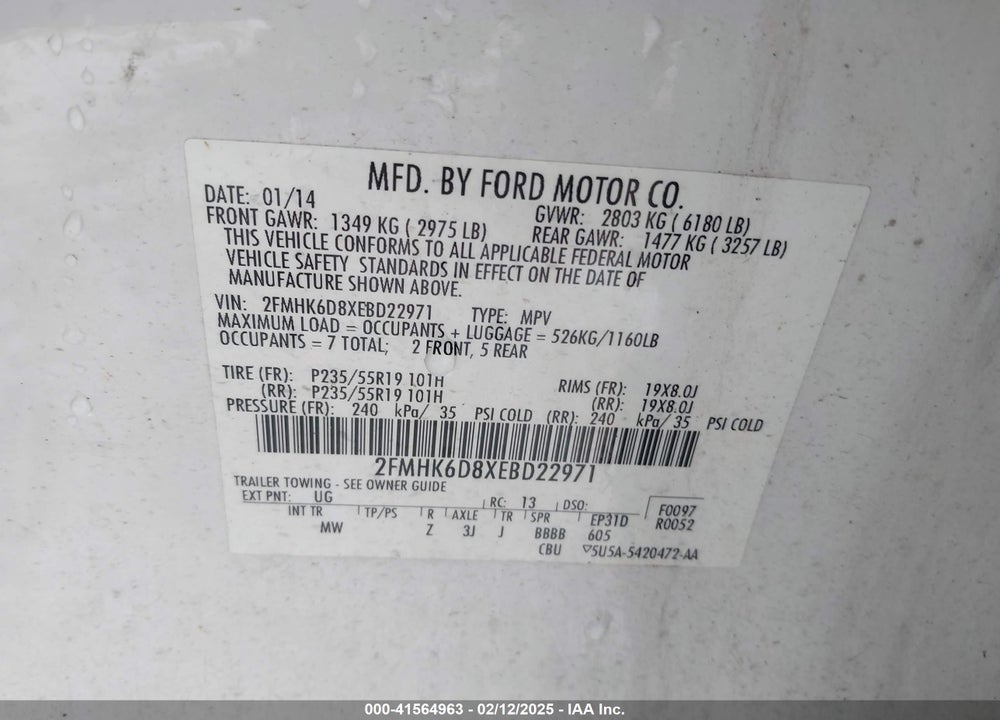 2014 FORD FLEX LIMITED VIN: 2FMHK6D8XEBD22971