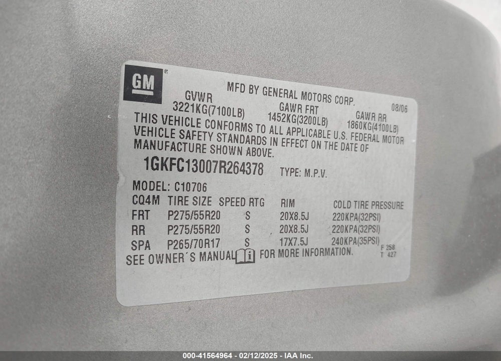 2007 GMC YUKON VIN: 1GKFC13007R264378