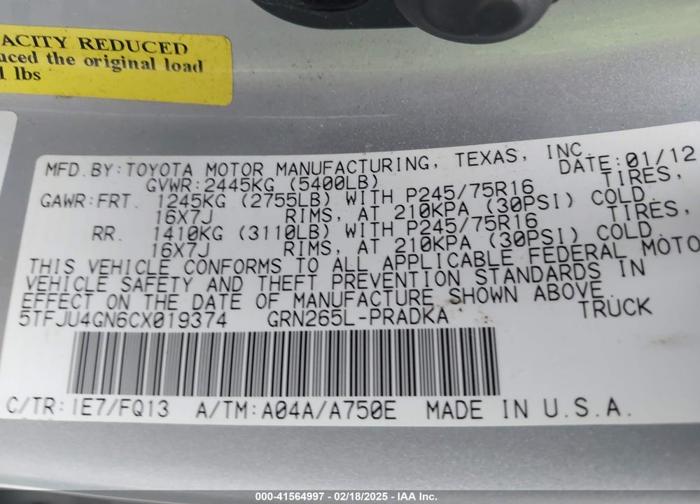 2012 TOYOTA TACOMA VIN: 5TFJU4GN6CX019374