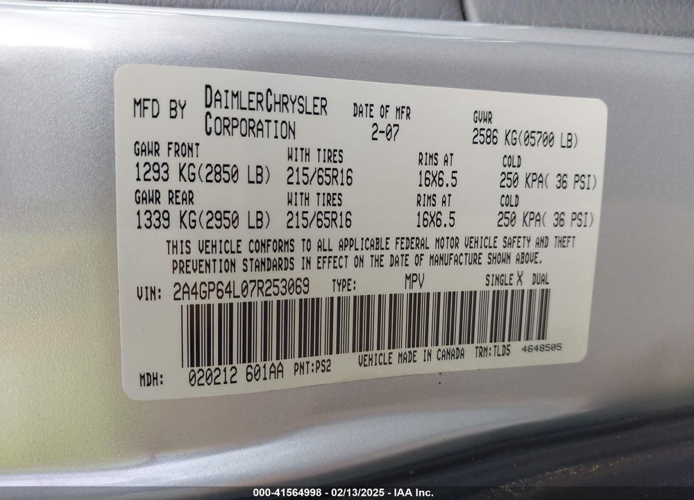 2007 CHRYSLER TOWN & COUNTRY LIMITED VIN: 2A4GP64L07R253069