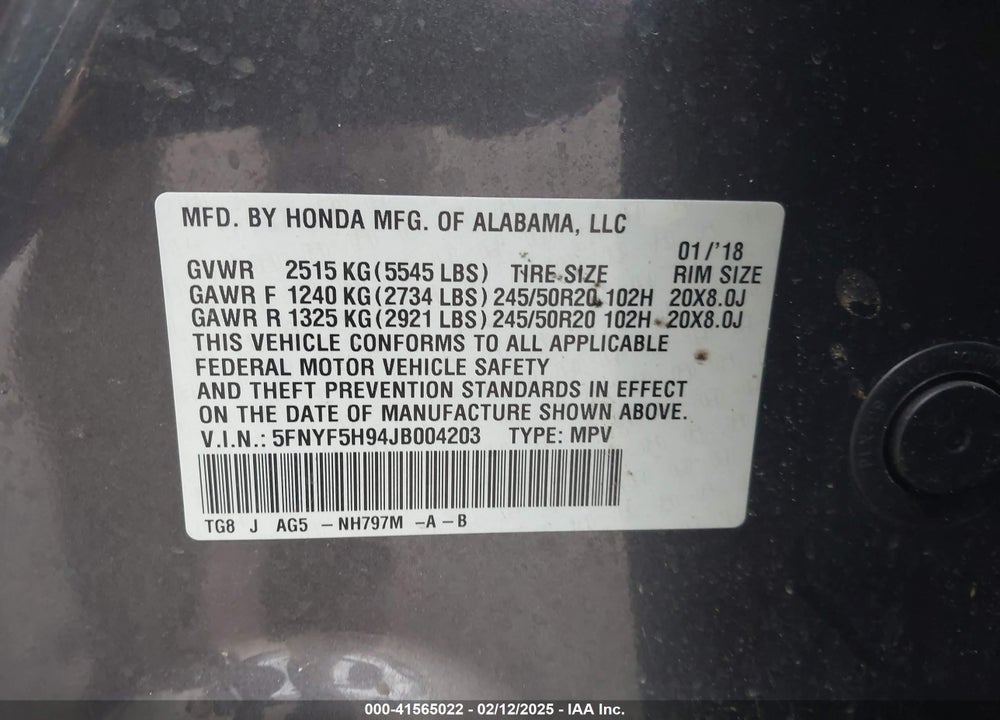 2018 HONDA PILOT TOURING VIN: 5FNYF5H94JB004203