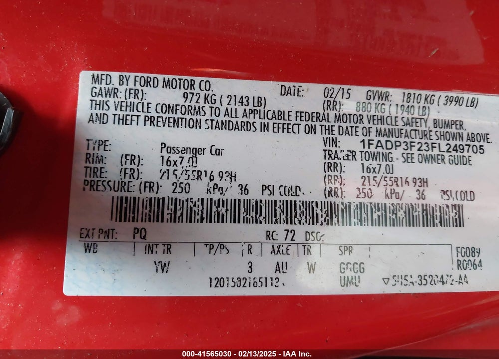 2015 FORD FOCUS VIN: 1FADP3F23FL249705