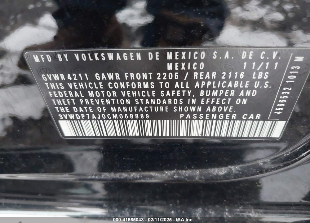 2012 VOLKSWAGEN JETTA 2.5L SE VIN: 3VWDP7AJ0CM068889