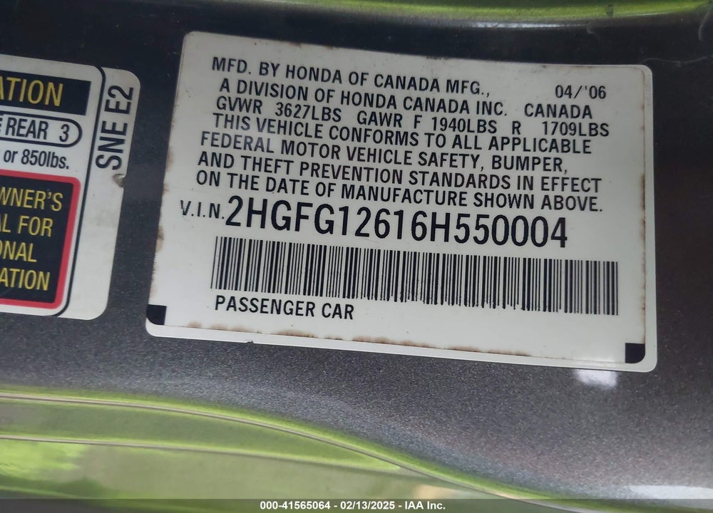 2006 HONDA CIVIC VIN: 2HGFG12616H550004