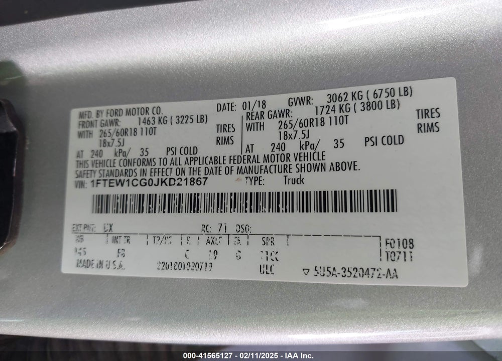 2018 FORD F-150 VIN: 1FTEW1CG0JKD21867