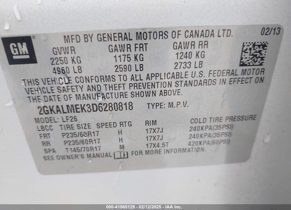 2013 GMC TERRAIN SLE-1 VIN: 2GKALMEK3D6280818