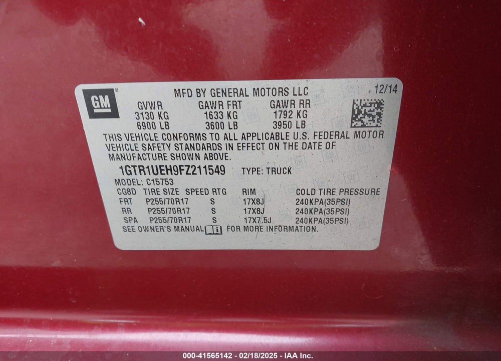 2015 GMC SIERRA 1500 SLE VIN: 1GTR1UEH9FZ211549