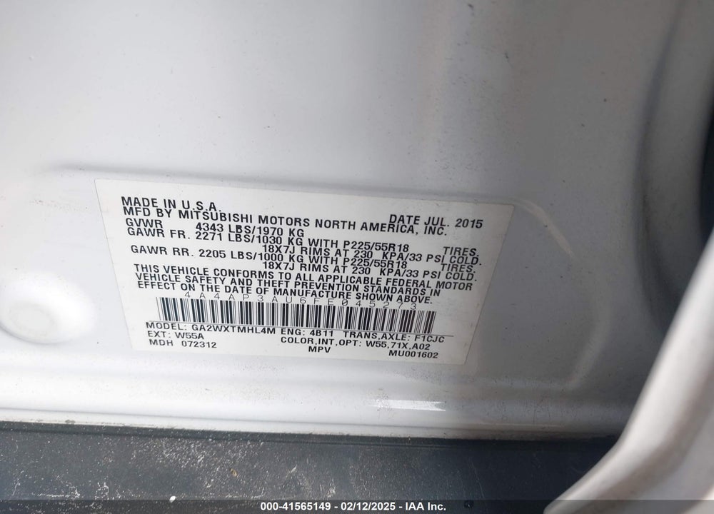 2015 MITSUBISHI OUTLANDER SPORT ES VIN: 4A4AP3AU6FE045273