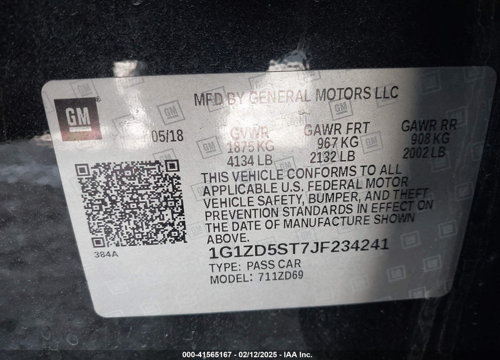 2018 CHEVROLET MALIBU VIN: 1G1ZD5ST7JF234241