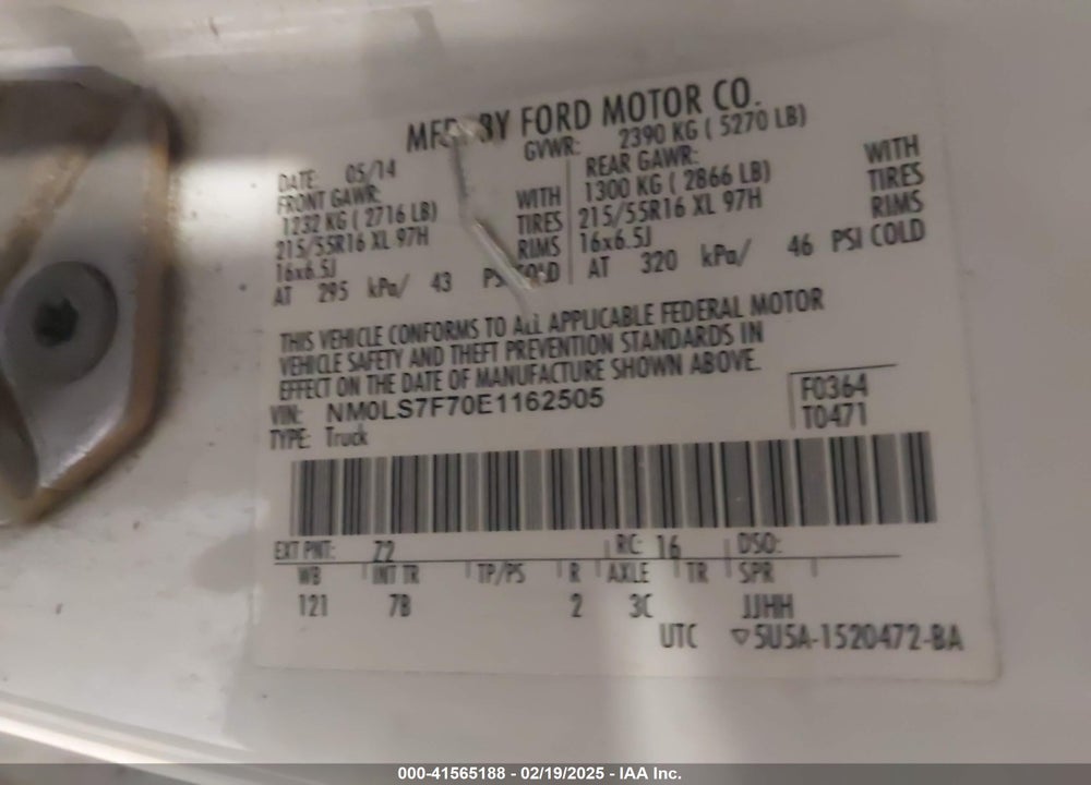 2014 FORD TRANSIT CONNECT XLT VIN: NM0LS7F70E1162505
