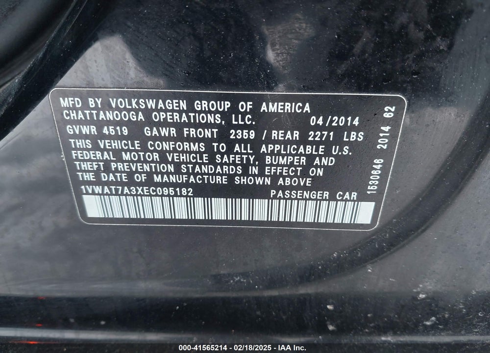 2014 VOLKSWAGEN PASSAT VIN: 1VWAT7A3XEC095182